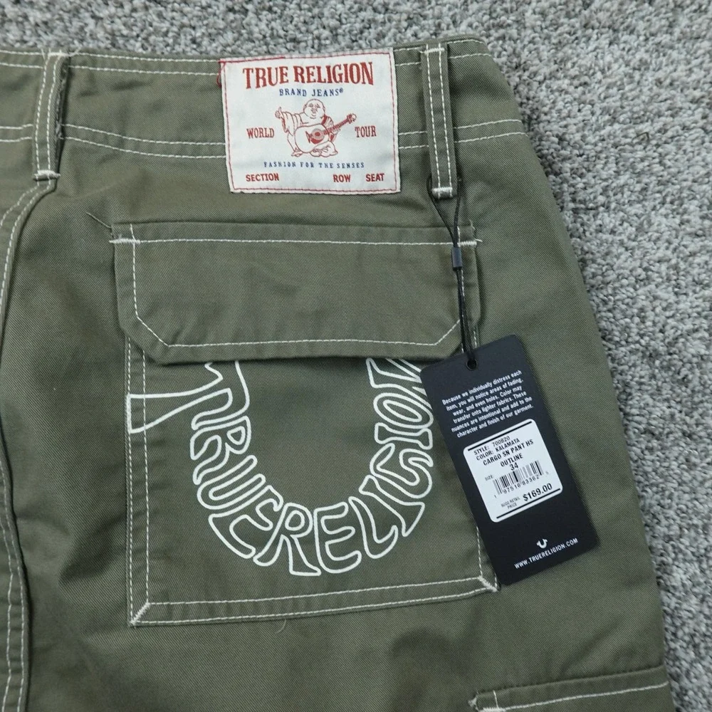 NEW True Religion Pants Mens 34X32 Green Cargo Baggy White Contrast Stitch Y2K